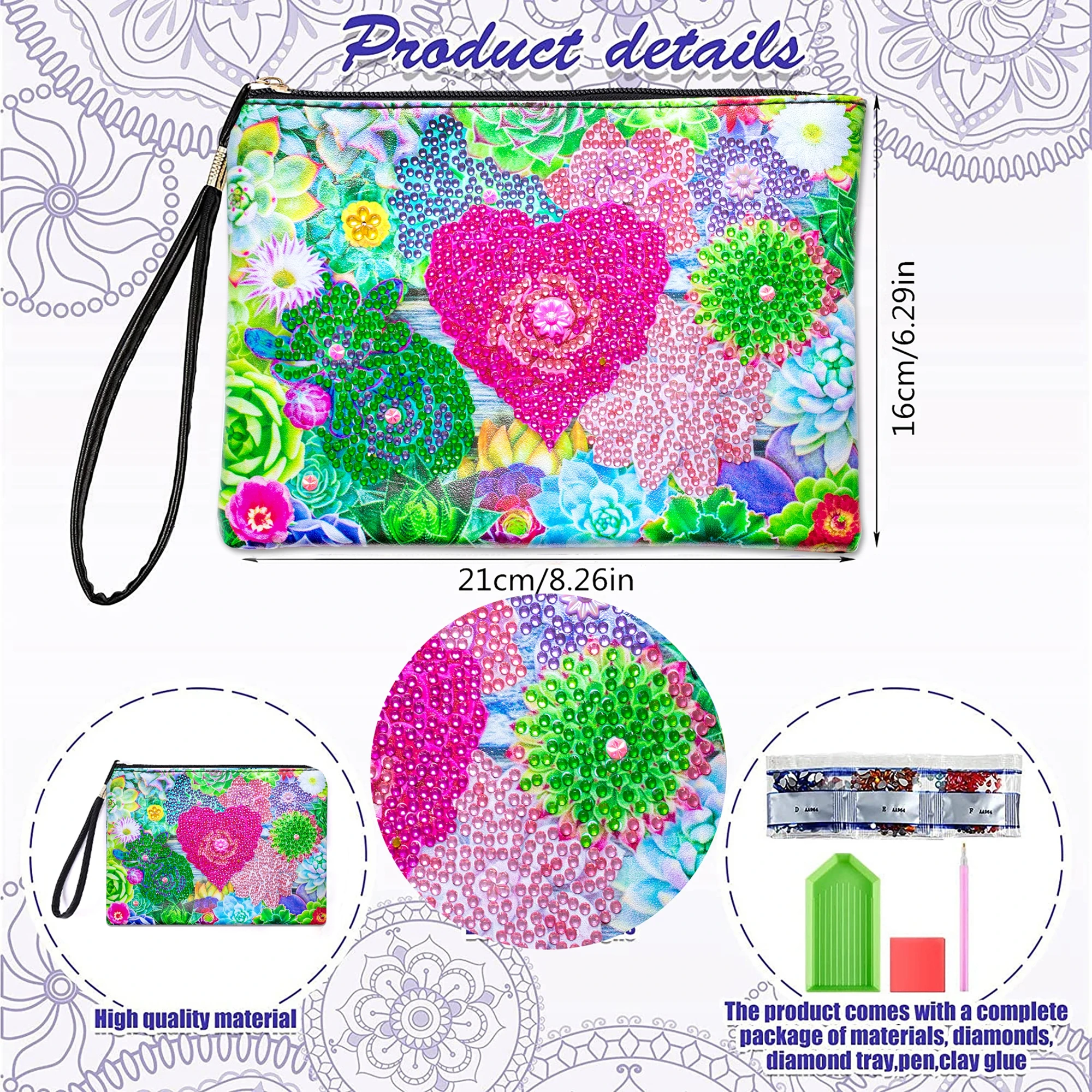 1pc DIY Succulents Diamond Art Clutch Purses and Handbags Leather Cosmetic Bag Special Shaped Diamond Painting Purses for Adults