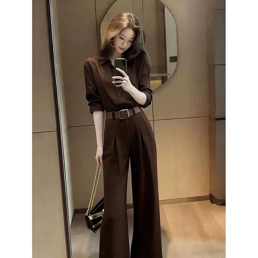 Office Female Sets Temperament Slim Long Sleeve Cardigan Blouse And Suit Long Pants 2 Piece Sets Women Coffee Shirt Coat Outfits