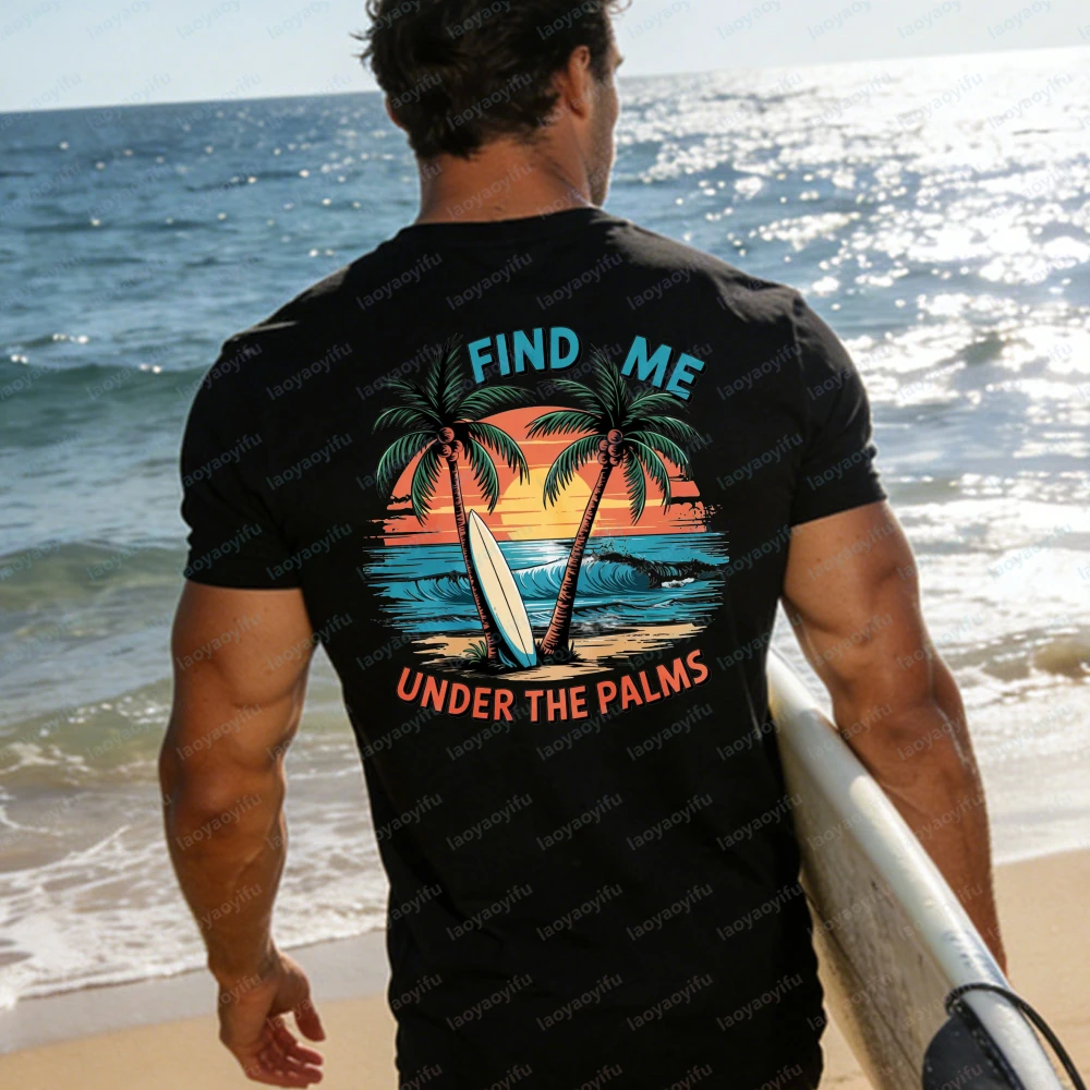 Find Me Under The Palms T-Shirt Women Retro Palm Tree Sunset Surfboard Graphic Casual Cotton Tops Summer Beach Vacation Shirts