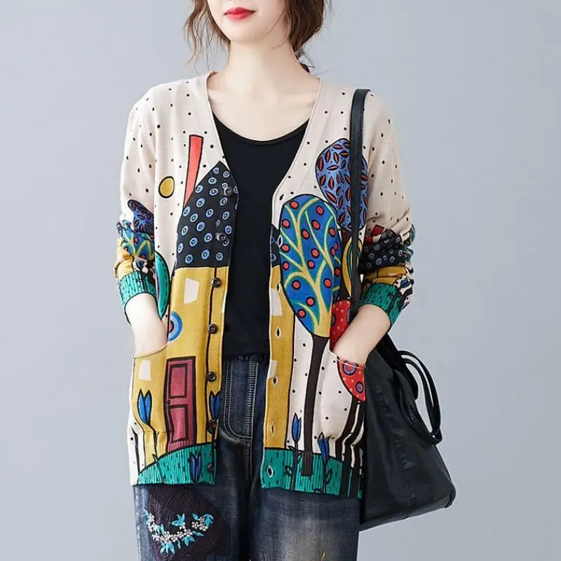 Jacquard Vintage Women Cardigans Sweaters Spring Autumn Long Sleeve Loose Knitted Shirt 2022 New Fashion Korean Clothing Coats