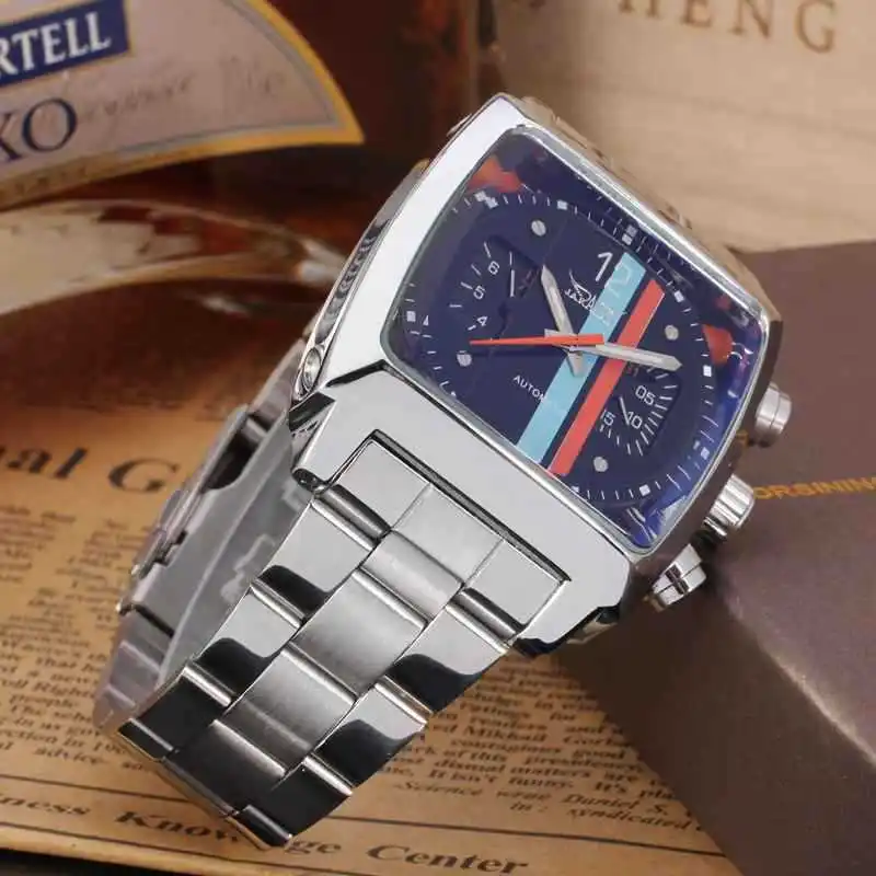 JARAGAR 569 Unique Simple Men's Automatic Mechanical Watch Retro Square Dial Calendar Week Steel Strip Casual Men's Clock Gift