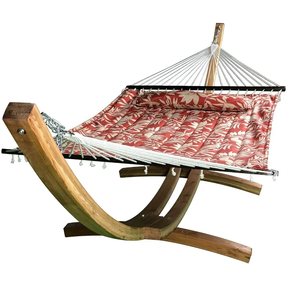 

14 Ft. Wooden Arc Hammock Stand + Deluxe Quilted Double Padded Hammock Bed w/Pillow. 2 Person Bed. 450 LB Capacity