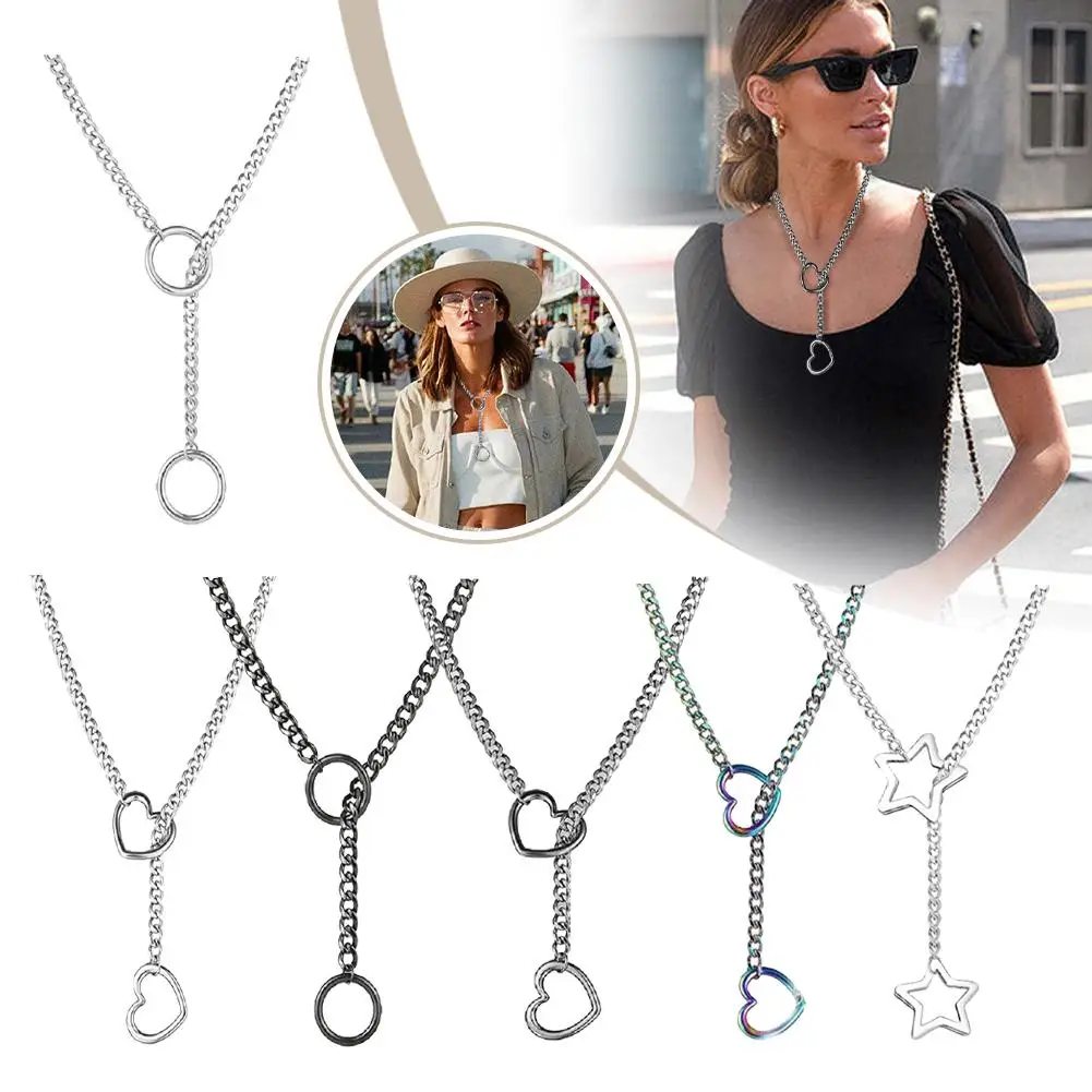 Stainless Steel Women Heart O Slip Chain Necklace Punk Rock Cuban Long Necklace Jewelry Adjustable Lariat Y-Necklace