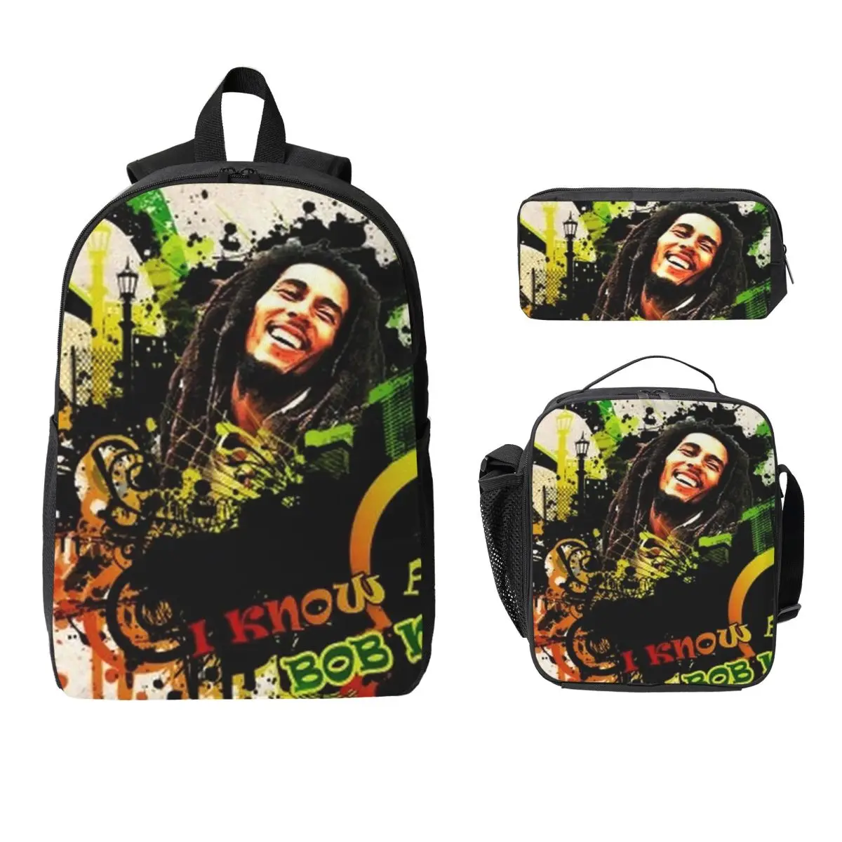 Funny Bob Marley Backpack Student BookBag School Bag Computer Shoulder Bags 3ps Insulated Lunch Bag Pencil Case