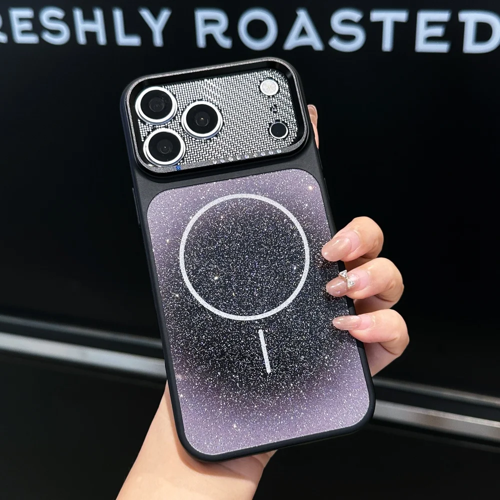 Gradient Glitter Magnetic Wireless Charging Phone Case for iPhone 18 17 15 14 16 Pro Max Rhinestone Camera Shockproof TPU Cover