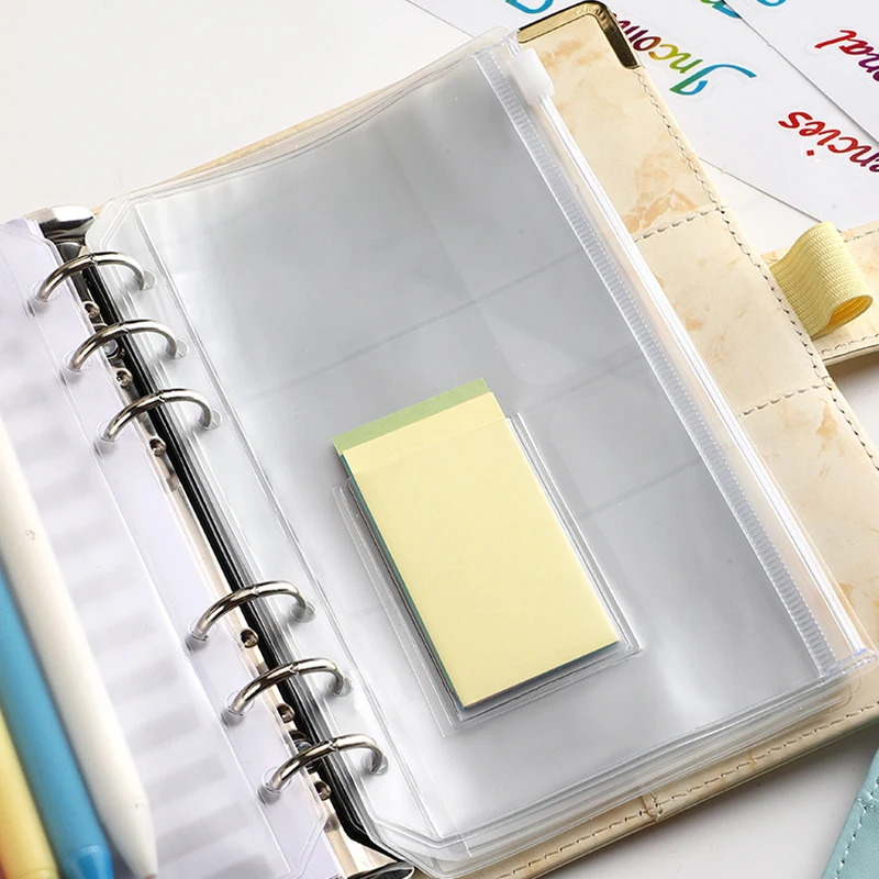 10Pcs A6 Transparent Zipper Bag with Remark Label Loose Leaf 6 Hole Binder Pocket Cash Envelope Pouch Storage Postcard Organizer