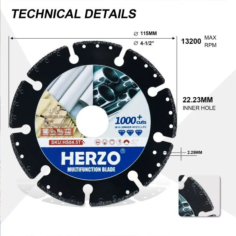 HERZO 3PCS 4.5inch/115mmCutting Blade Kit Clean and Smooth Cutting Multifuction Blade Wood Plastic Metal Cutting