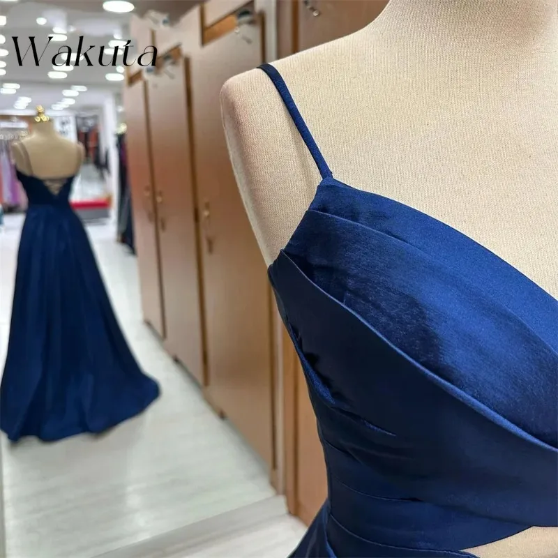 Wakuta Italian Noodle Strap Evening Dresses Solid V-neck Off Shoulder Elegant Ball Vestidos A-Line Formal Party Evening Gowns