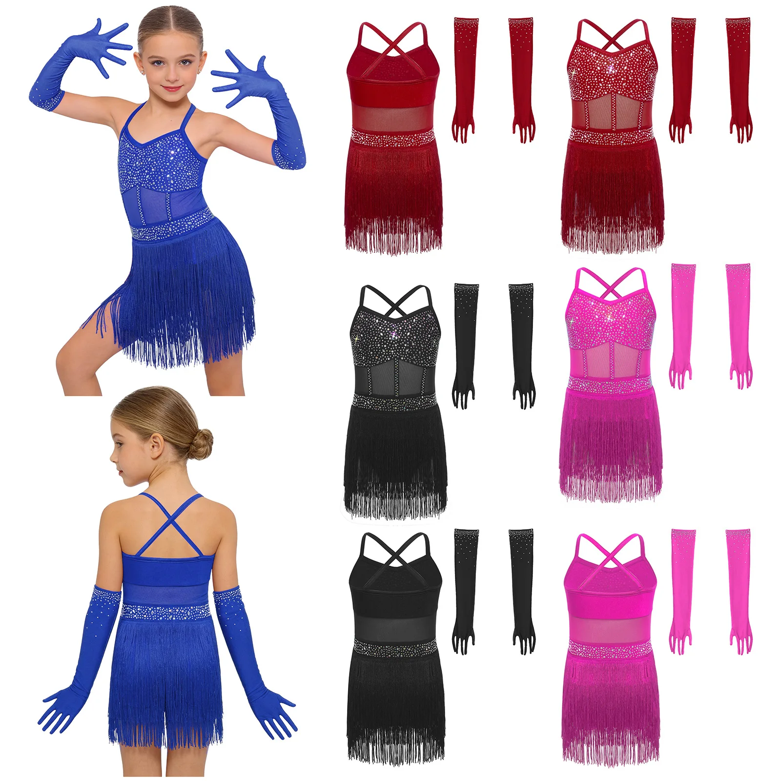 

Kids Girls Tassel Latin Dance Outfit Shiny Leotard Dress with Mesh Gloves for Cha-cha Tango Rumba Samba Jazz Ballroom Dancing