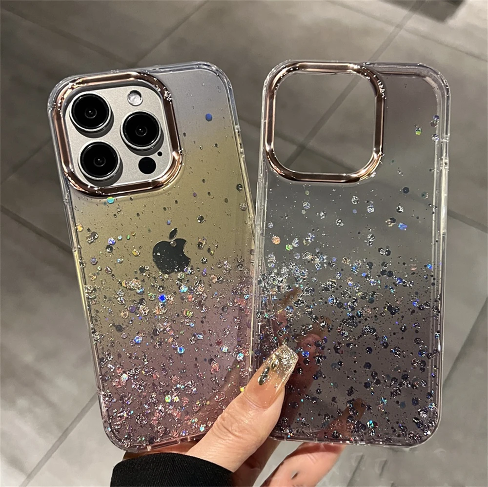 

Luxury Sparkling Starry Sky Crystal Sequin Case for iPhone 16 15 14 13 12 11 Pro Max 16ProMax Transparent Gradient Bumper Cover