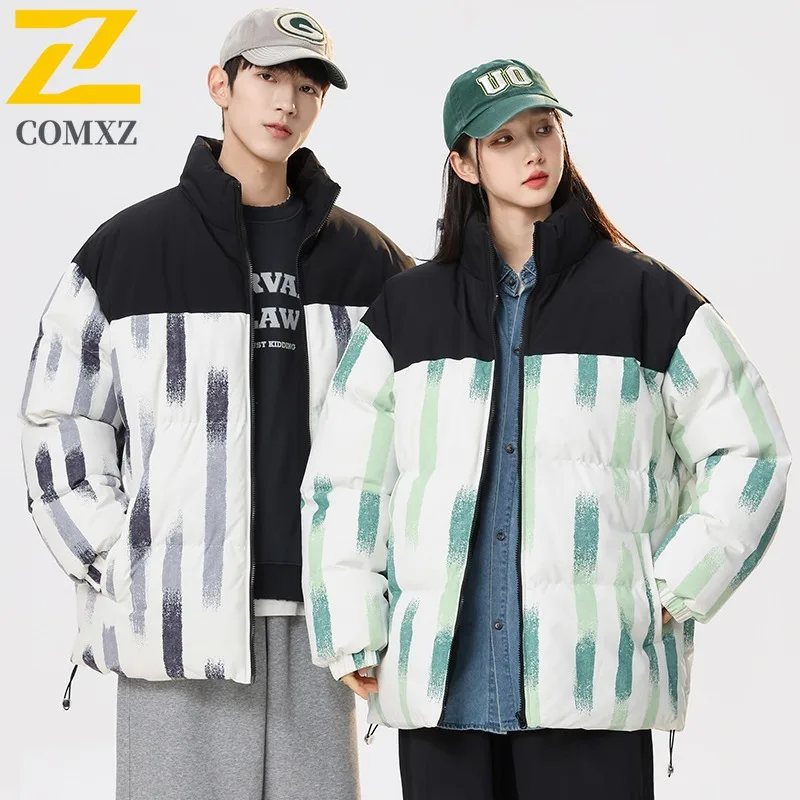 COMXZ 2025 New Autumn Winter Stand Collar Color Block Padded Coat Unisex Casual Sports Outwear Candy Color Trendy Couple Jacket