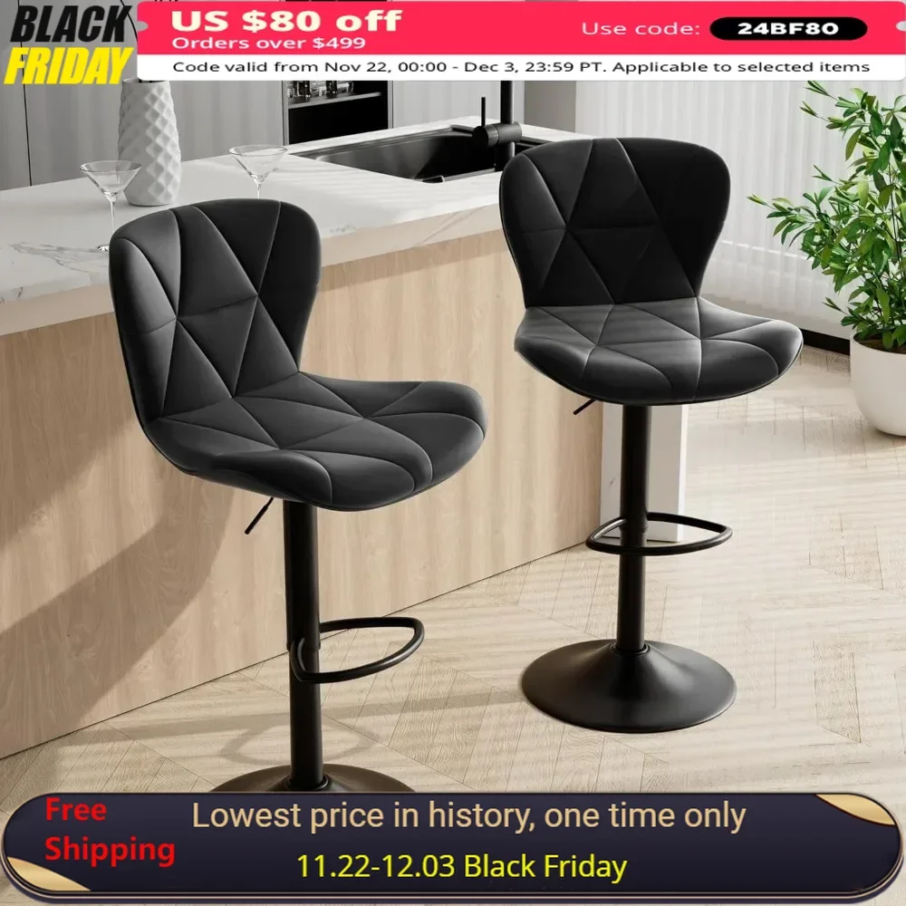 Bar Stools Set of 2, Adjustable Swivel Barstools, Faux Leather Bar Chairs, Upholstered Counter Height with High Backrest Black