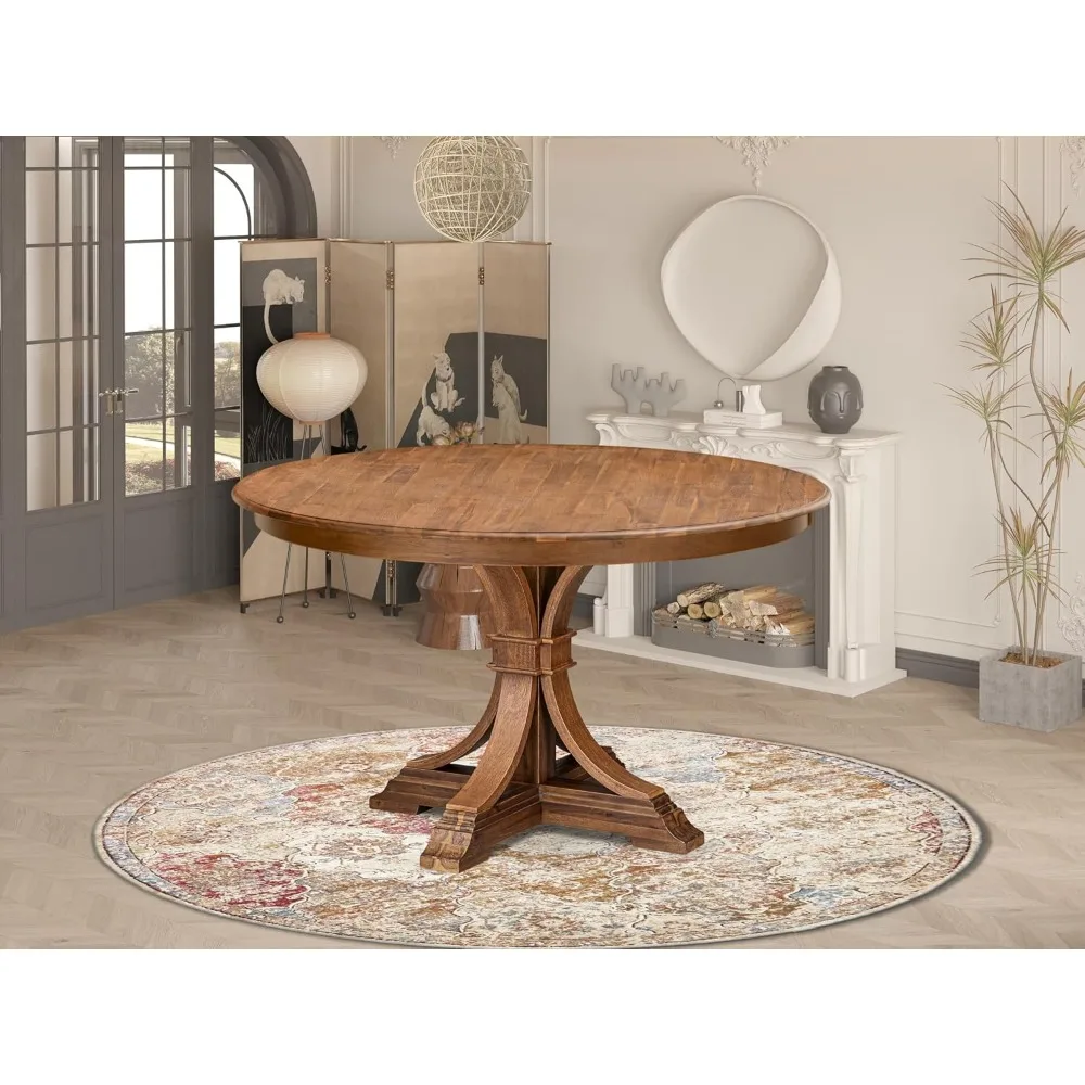 Wooden Dining Table with Acacia Wood Round Tabletop, Antique Walnut Finish