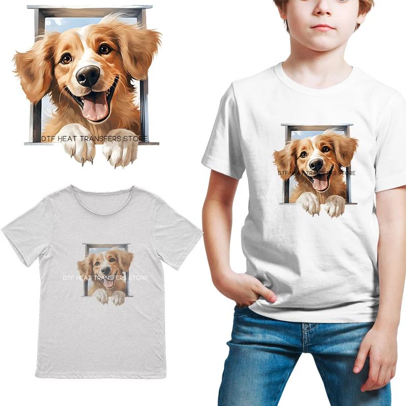 Summer watercolor fun dog outside the window PatternHeat-sensitive Patches Application Stripes on Kids Clothes ironing Printing