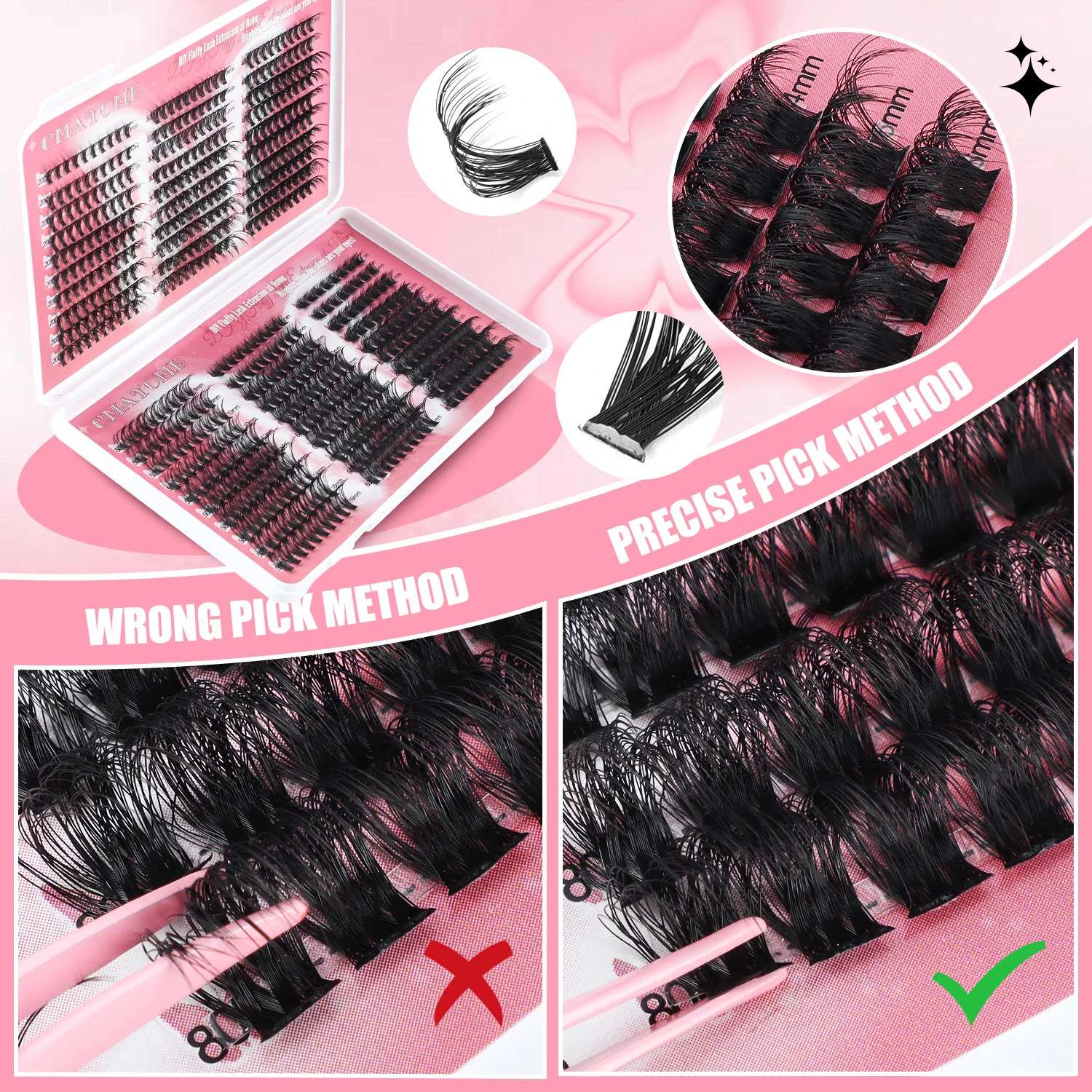 DIY580 cluster wispy mixed length, 20D/30D/40D/50D/60D/80Dcurled lashes soft light natural, makeup tools, Individual Lashes Kit