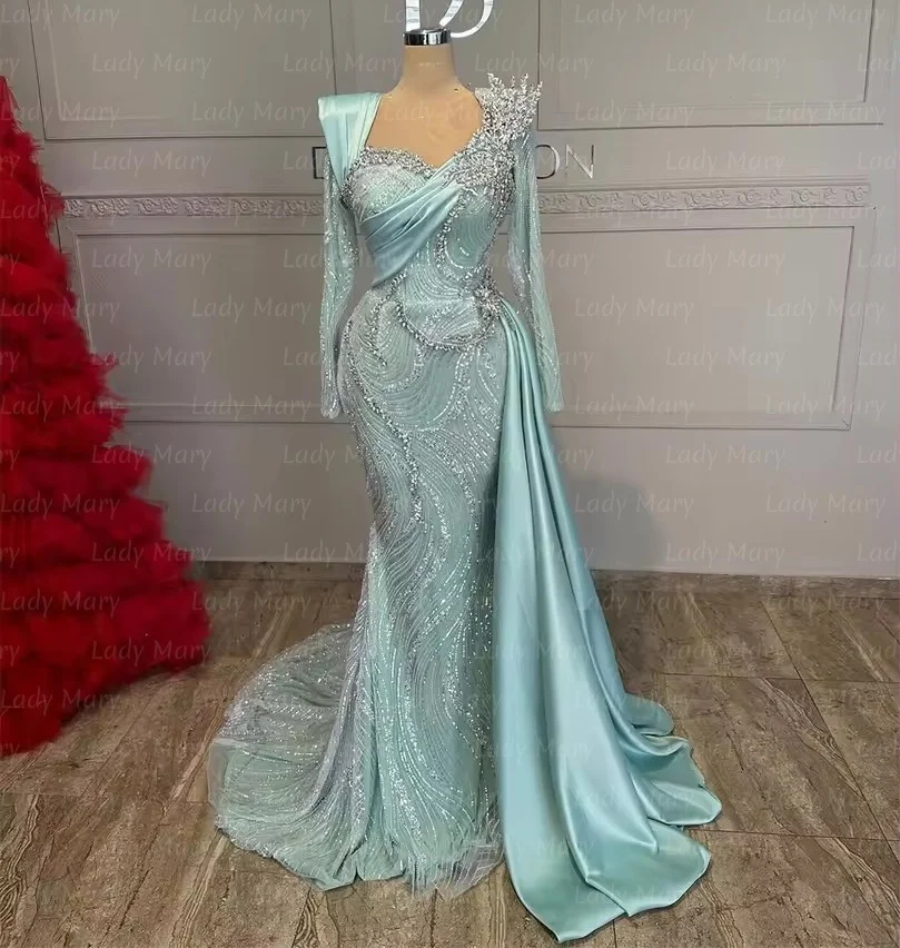 Wunderschöne arabische Abendkleider 2026, luxuriöses, elegantes Dubai-Perlen-gerafftes, langärmliges, formelles Hochzeitskleid, individuell gestaltet