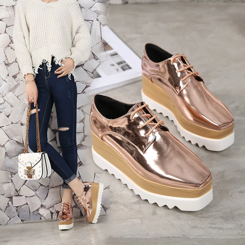 Chunky Sneakers Women Retro Running Stars Shoes Fashion Casual Pig Leather Square Toe Height Increased Platform Shoes
