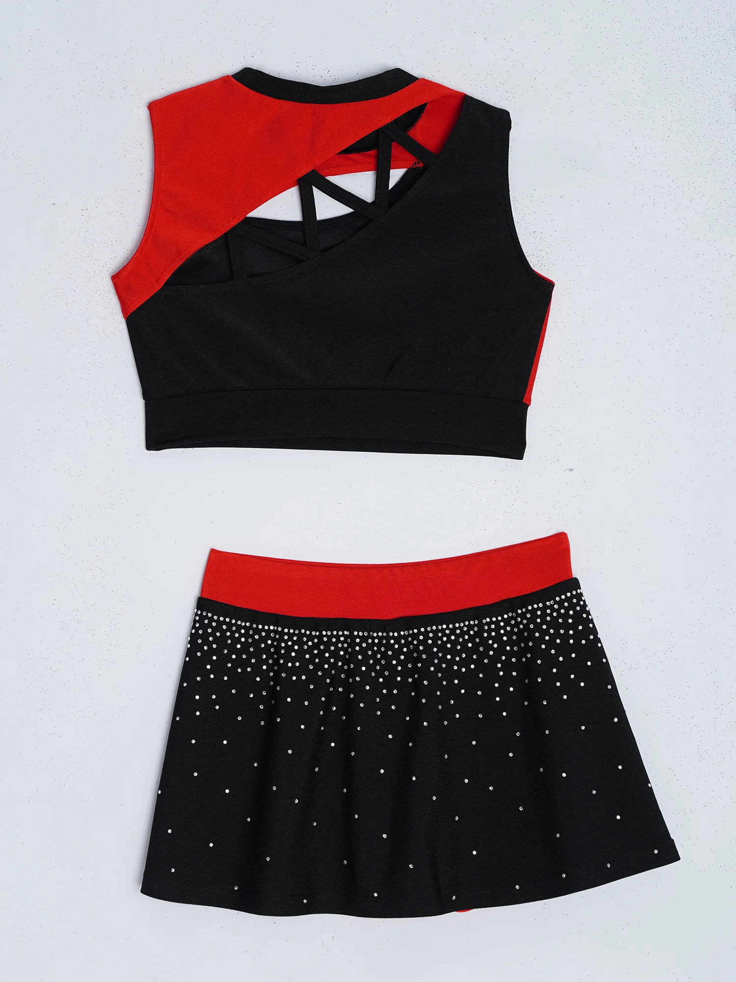 

Girls Cheerleader Costume Outfit Shiny Rhinestone Halloween Cheerleading Fancy Crop Top And Skirt Set for School Performance