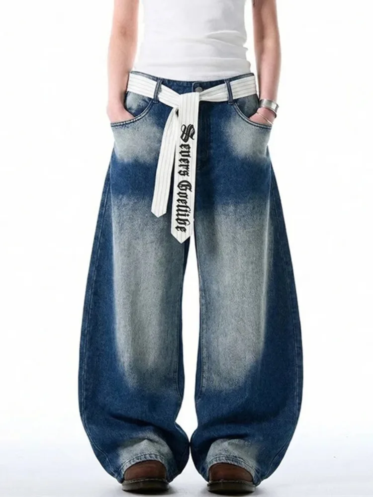 Color Y2K Men's Block Jeans Ribbon Tie Wide Leg Baggy Faded Wash Streetwear Casual Letter Printting Denim Pants MQOG