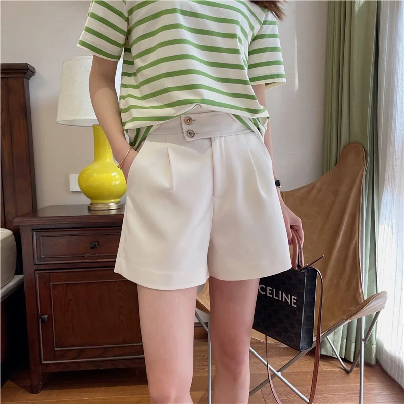 

High Waist Khaki Suit orts Women's Summer A-Line Wide Leg Hot Pants Small Size New Faion Casual Pants