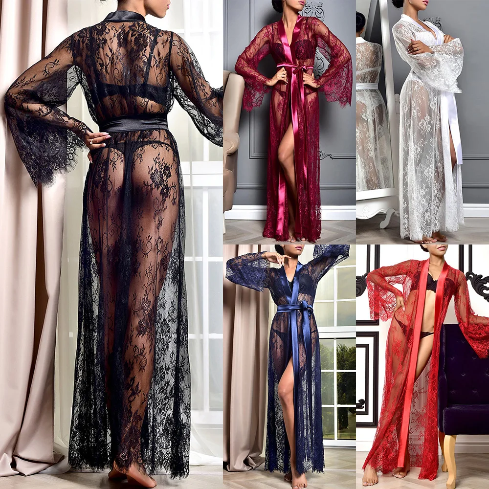 Female Lingeries Mesh Sheer Sensual Cardigan Nightwear Nightdress Babydoll Nightgown Loungewear Long Bathrobes Erotic Pajamas