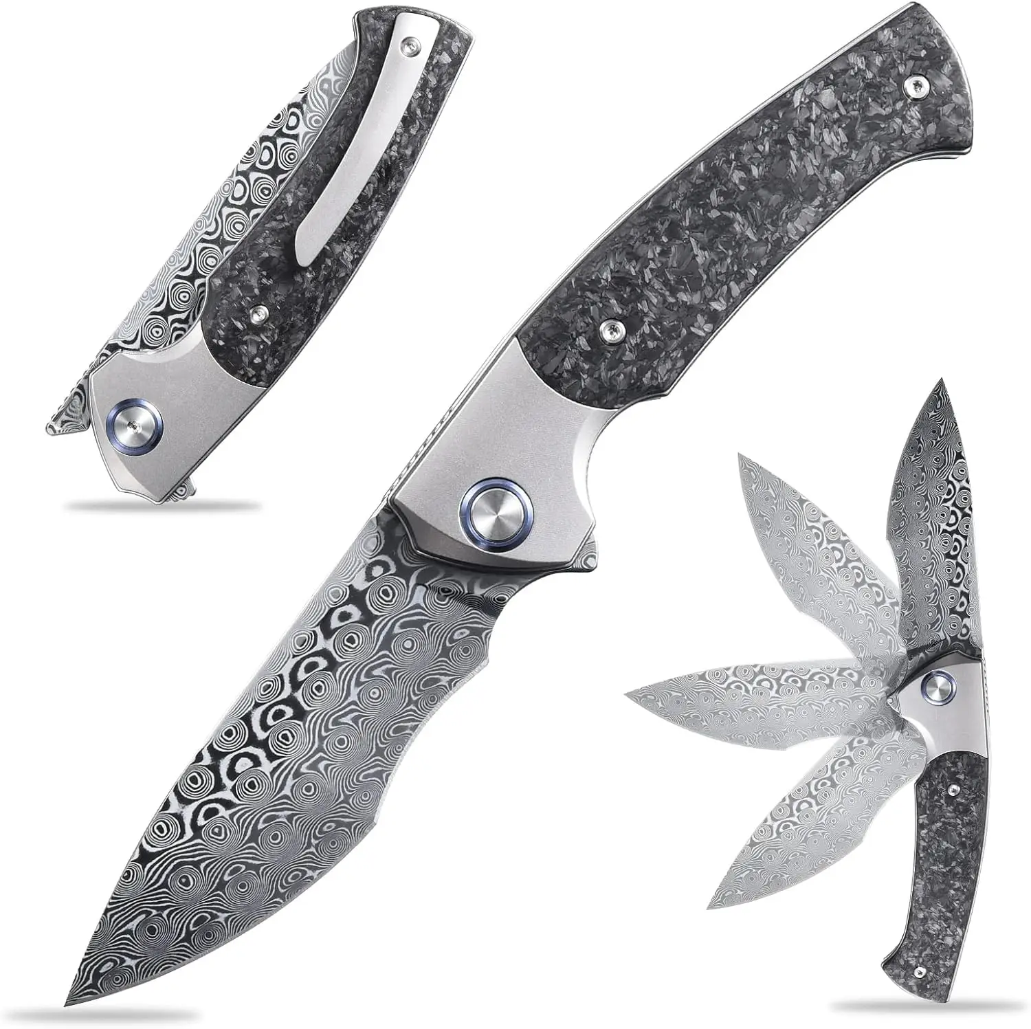 Sitivien ST255 Folding Knife Damascus Rose Print Pattern Blade Titanium Carbon Fiber Handle EDC Knifes for Camping Work Hiking