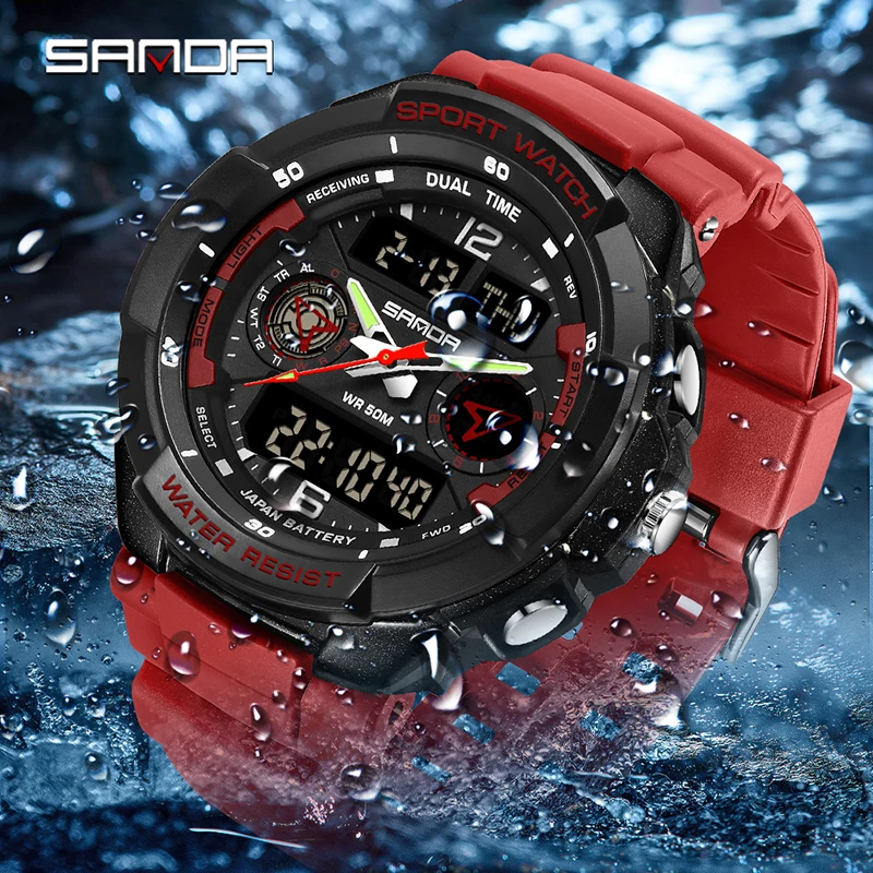 SANDA G Style Dual Display Men Electronic Watch Chronograph Alarm Digital Clocks Countdown Multifunctional Man Quartz Wristwatch