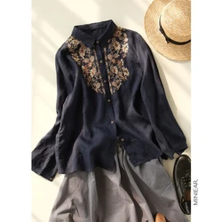 2022 Spring New Arts Style Women Long Sleeve Turn-down Collar Loose Shirts Vintage Embroidery Cotton Linen Blouse Female C209