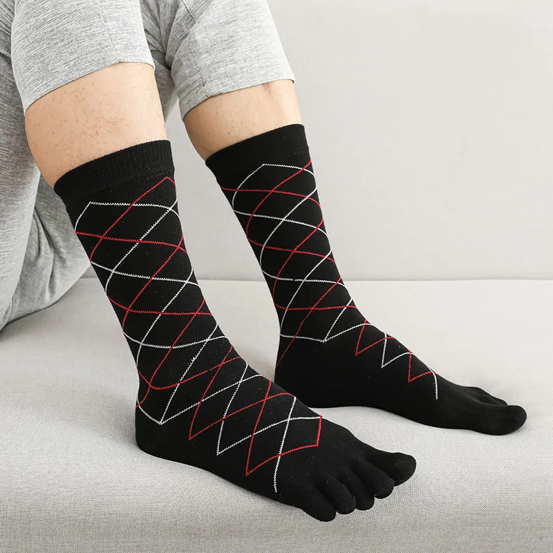 5 Pairs Long Man Business Socks with Fingers Fashion Striped Argyle Dot Mid-Calf Five Finger Sock Pure Cotton Black Toe Socks