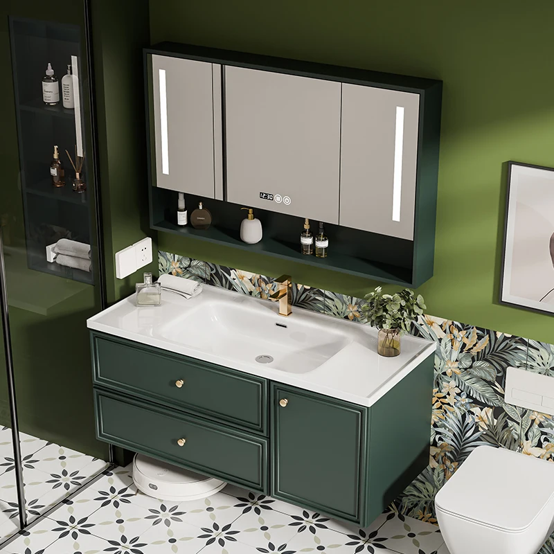 French Dark Green Bathroom Cabinet Combination Excellent Ceramic Cabinet Integrated Basin Rock Basin Banyo Dolabi Furniture