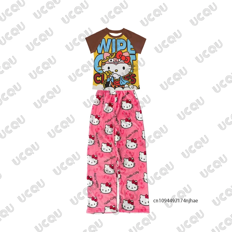 女性のズボン ジャージ 漫画 ハローキティ Y2K ゴシック プリント Tシャツ + パジャマ パンツ セット カジュアル カップル スーツ 2 ピース 衣装