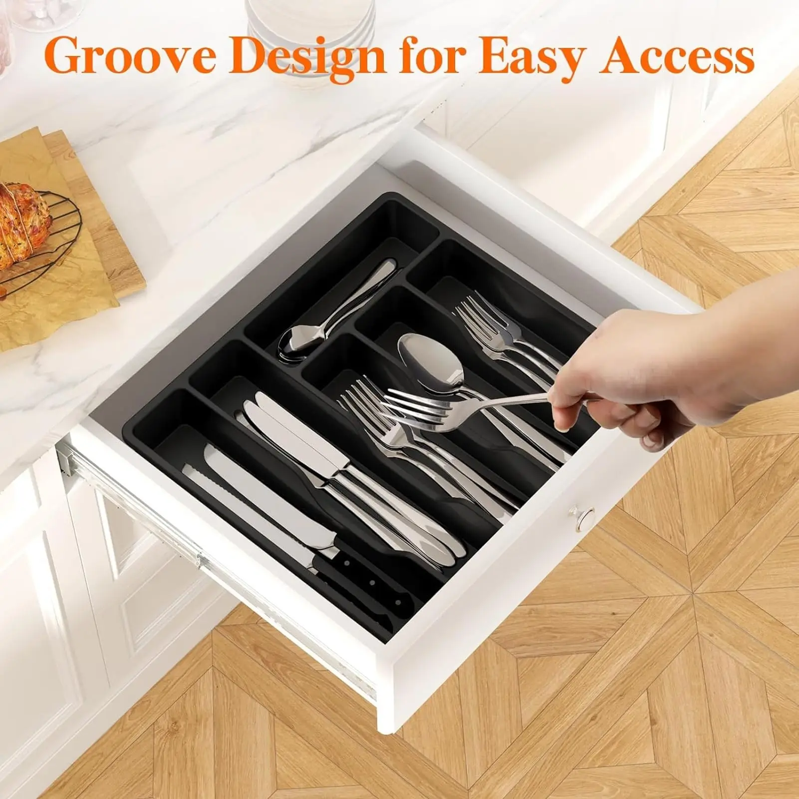 Silverware Organizer with Lid Utensil Tray for Kitchen Drawer Countertop Flatware and Cutlery Holder for Spoons Forks Knives