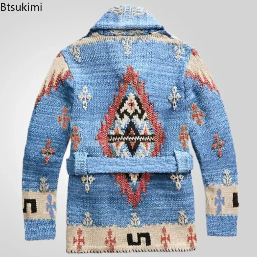 American Retro Heavy Jacquard Knitted Sweater for Men Autumn Winter Fashion Mid-length Cardigan Thicken Casual Sweater Coat Male