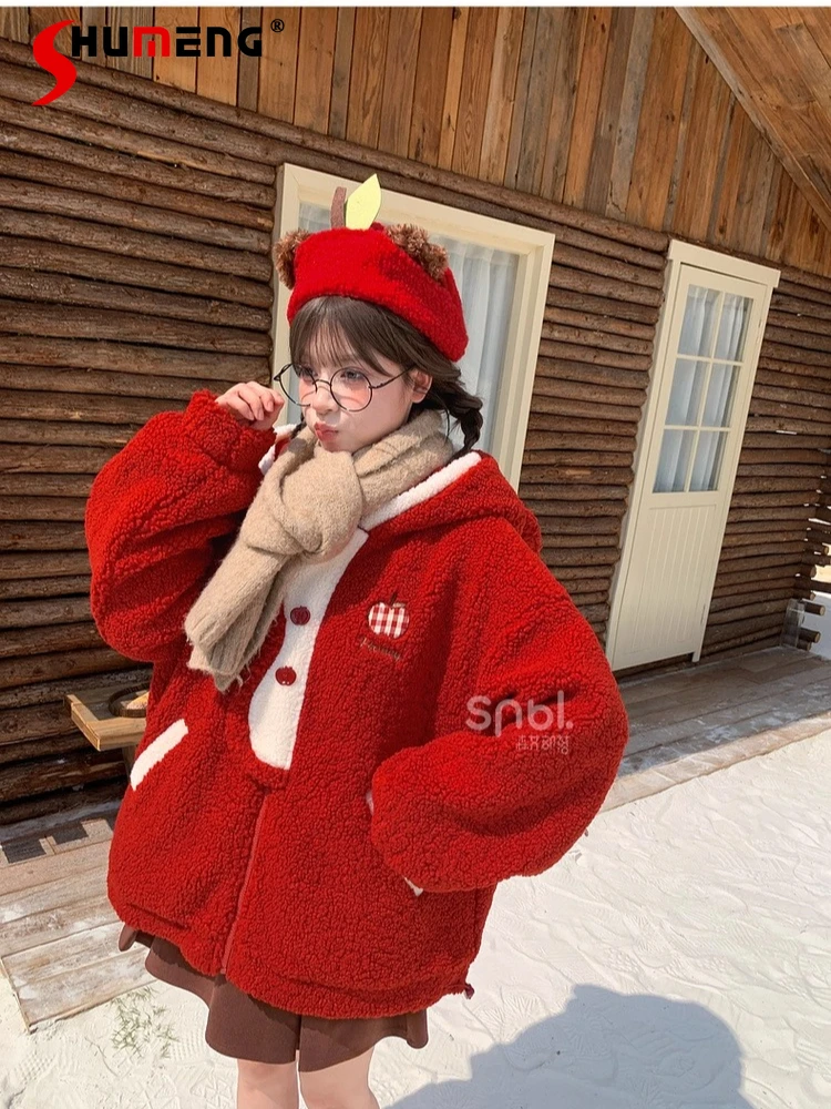 Navidad Kawaii chaqueta con capucha de felpa roja Patchwork a cuadros oreja de gato bordado suelto dulce cruces Sudadera con capucha para mujer invierno