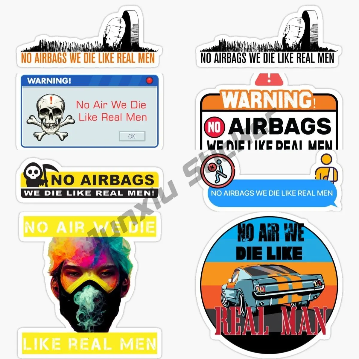 Personality Decal NO AIRBAGS WE DIE LIKE REAL MEN Sunscreen Occlusion Scratch Decals Car Styling Motorbike Motor Decor