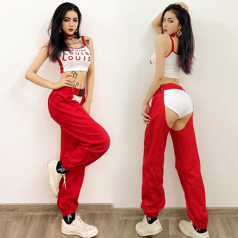 Sexy Open Crotch Pants For Women Pole Dance Clothing Vest Red Trousers Suit Hiphop Jazz Performance Rave Outfit GOGO Costume