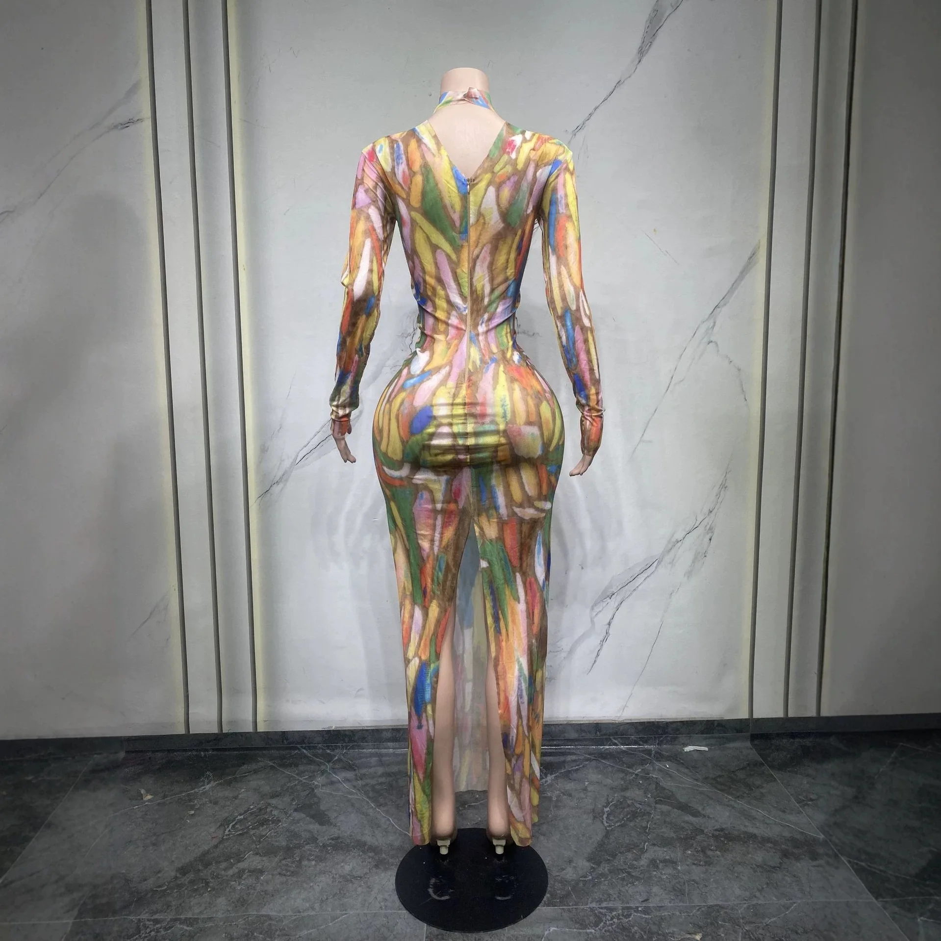 New Printed Watercolor Banquet Host Gown Party Dress for Performance Women Dresses and Body-fitting Garments