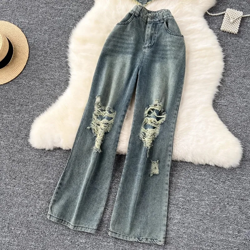 Neploe amerikanischen Stil sexy Slim Fit Denim träger lose Weste y2k hohe Taille Loch weites Bein Hosen 2024 Sommer neue zweiteilige Sets