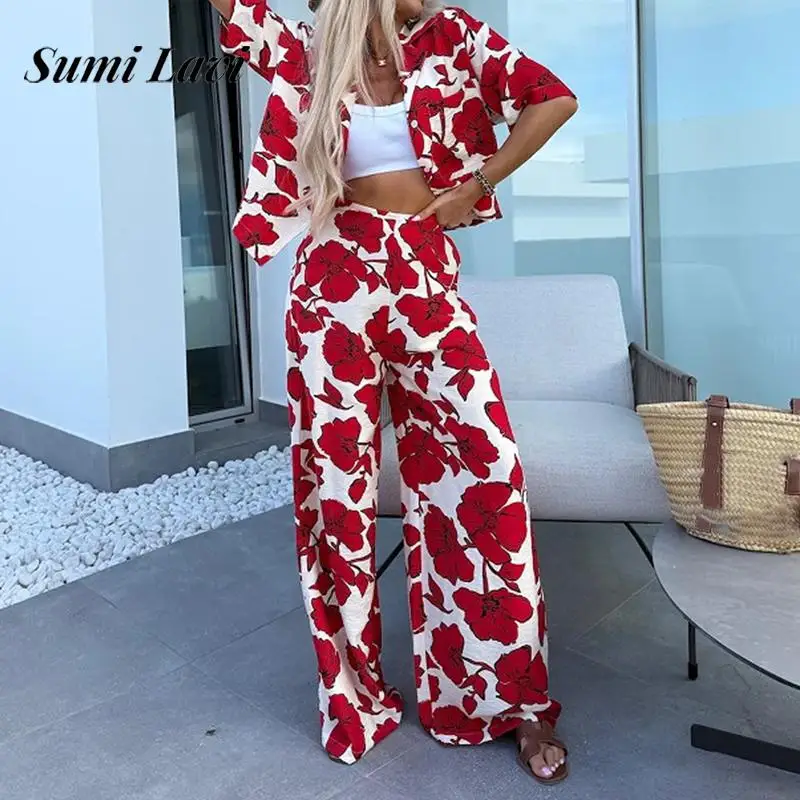 

Elegant Lapel Button Shirt & Long Pant Set Women Casual Sleeveless Commuter 2Pc Suit Fashion Pattern Printed Loose Party Outfits