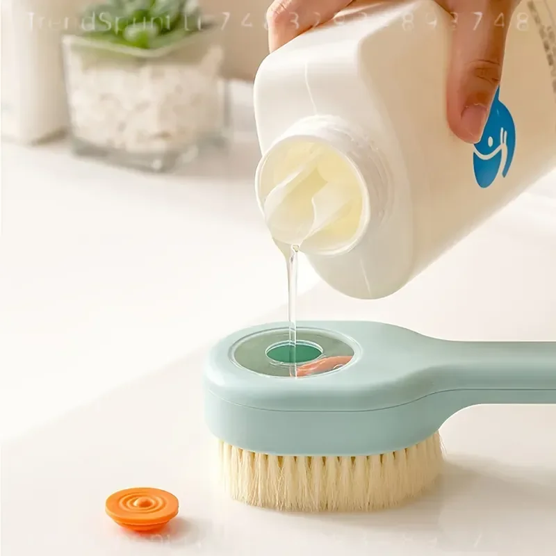 Liquid Dispensing Bath Brush Long Handle Soft Bristle Back Scrubber Press Type Shower Cleaning Tool Unisex Self Rubbing view 3