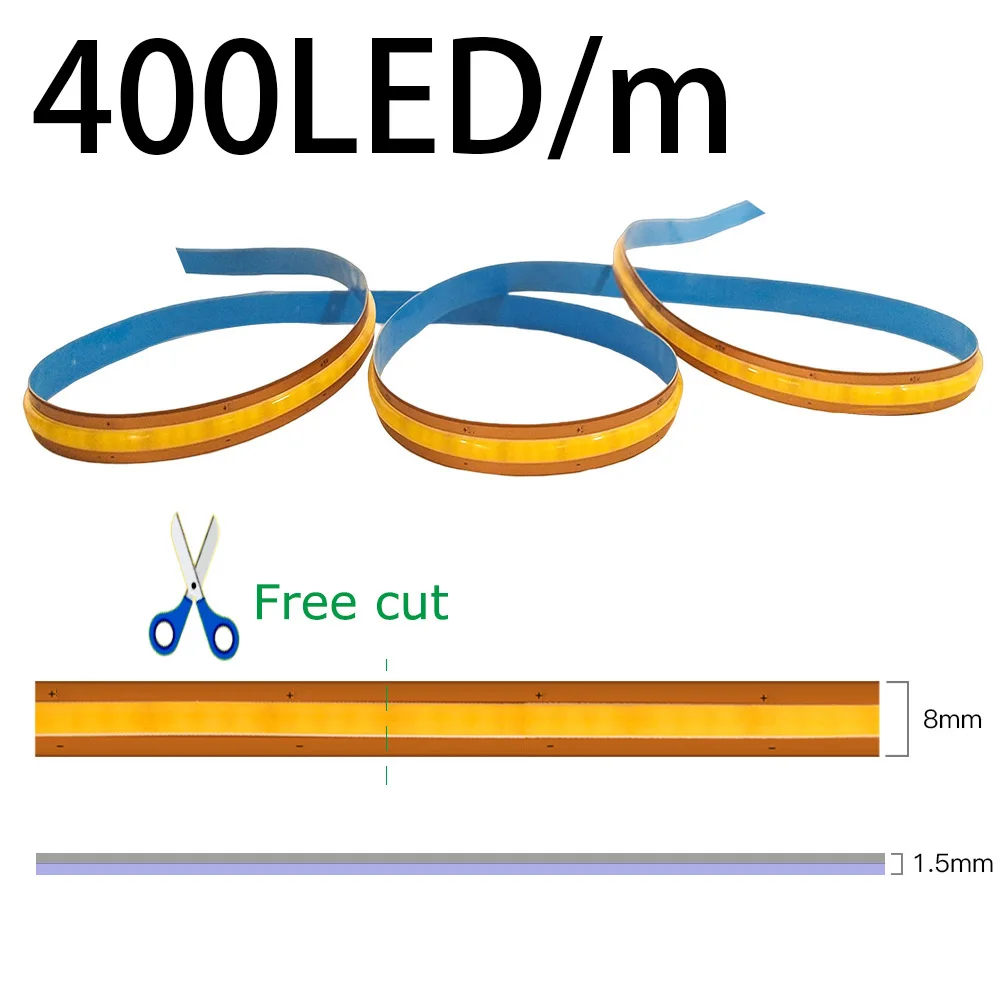 Taśma LED COB z możliwością cięcia, 400 LED/m, 8mm, DC12V 24V, wysoka gęstość, CRI 90, taśma LED, światło ciepłe białe, liniowa listwa, ściemnialna