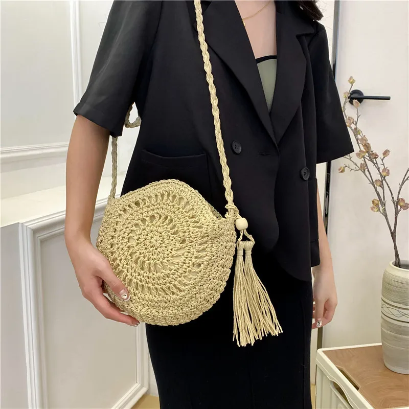 Mulheres oco saco de palha círculo rattan saco redondo macio corda de papel ombro mensageiro borla verão praia artesanal crossbody sacos