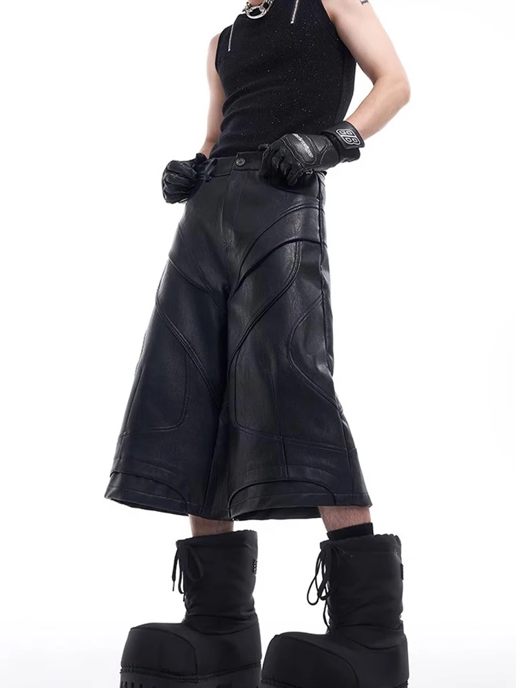 Mauroicardi Spring Summer Cool Handsome Black Pu Leather Shorts for Men High Waist Knee Length Short Straight Pants Clothes 2025