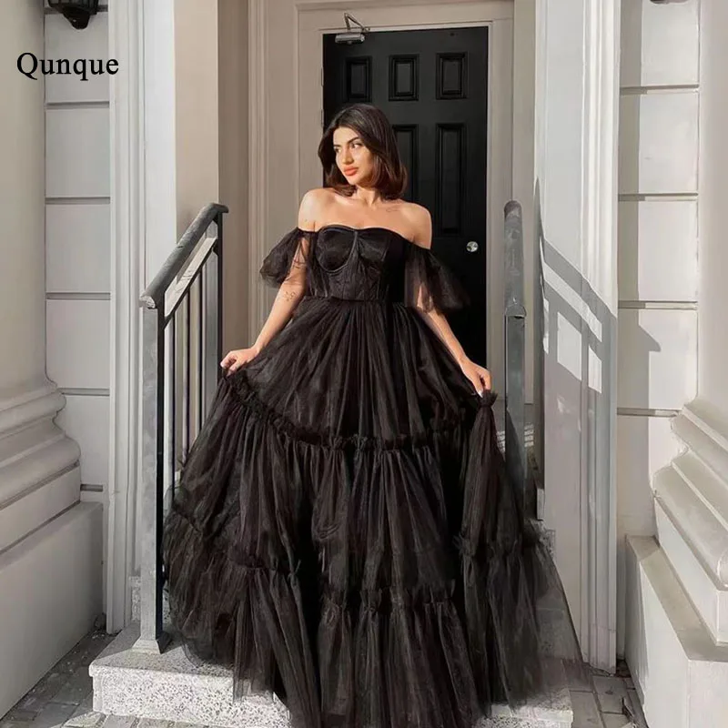 

Qunque Sweetheart Tulle Long Prom Dress Customized Ruched A Line Evening Party Graduation Gowns Vestido De Noche Elegante Mujer