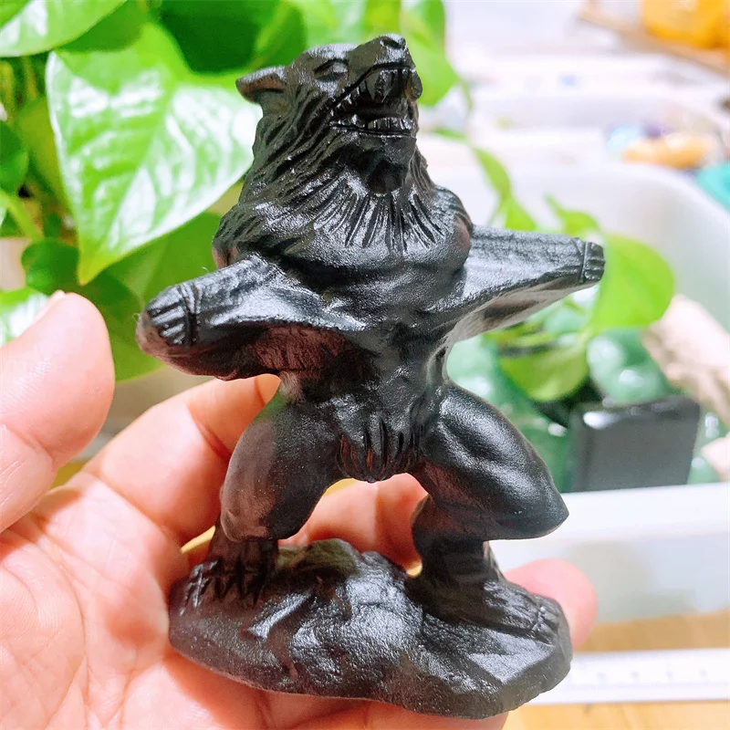 Natural Black Obsidian Werewolf Carving Art Hand Stone Obsidian Wolfman Decoration Horror Deco Gift 1PCS