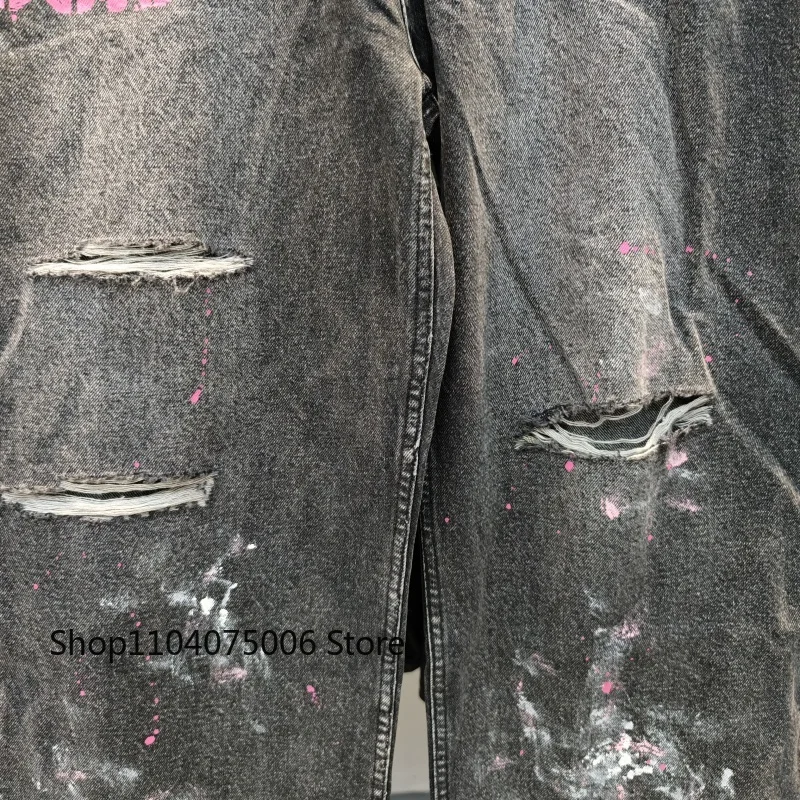 2025 세인트 디스트레스드 데님 팬츠 그래피티 아트 스트레이트 레그 미드 웨이스트 유니섹스 캐주얼 진