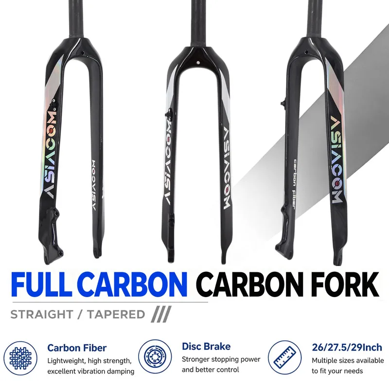 ASIACOM Full Carbon MTB Rigid Fork, 28.6mm Straight Steerer, Laser Logo Mountain Bike Disc Brake Front Hard Fork Bicycle Parts