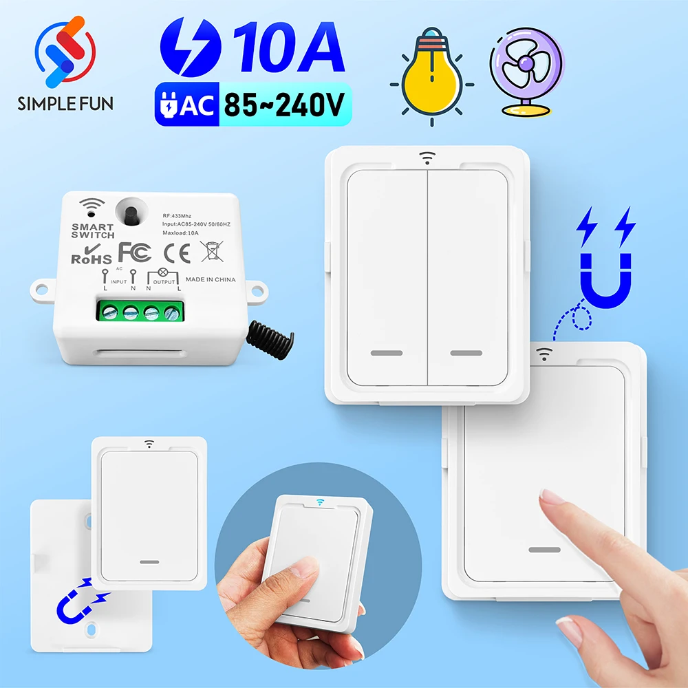 

433MHz 220V 10A Wireless Smart Light Switch,Magnetic Wireless Wall Switch,Mini Relay Module,for Remote Control Home Appliances