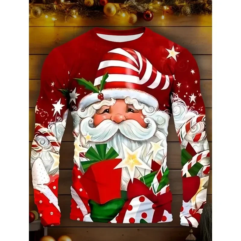 Weihnachten Herren T-Shirt 3D-Druck Elch/Schneemann Grafiken Casual Langarm Rundhals Shirt Frühling & Herbst Kleidung Grafik T-Shirts