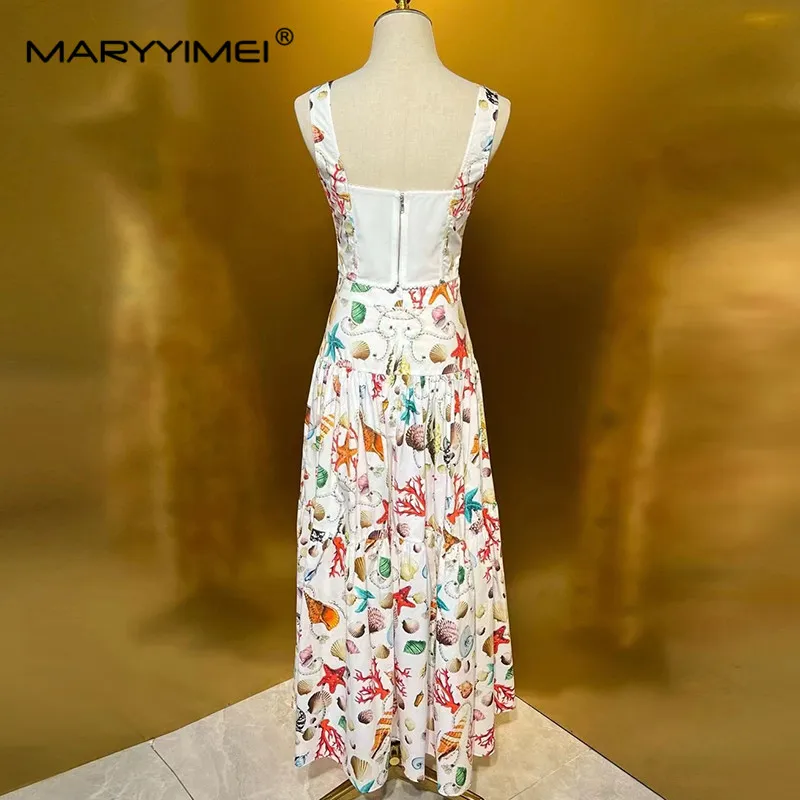 MARYYIMEI Summer Women's Suit Square-Neck Sexy Spaghetti Strap Backless Tops+Pleated Skirt Elegant Print Cotton Two Piece Set